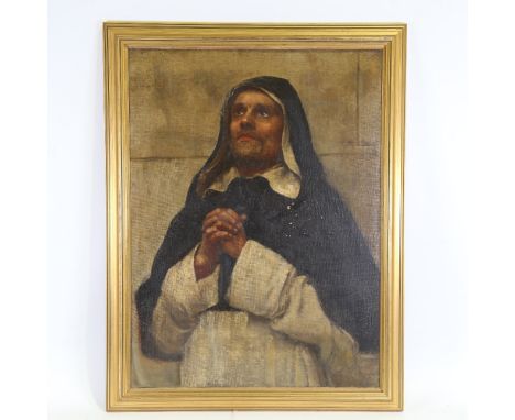 Late 19th/early 20th century oil on canvas, study of a monk praying, unsigned, 27" x 20", framedSome paint flaking on the bla