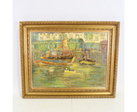 R Dunn, oil on board, Brixham harbour, signed, 14" x 19", framedGood condition 