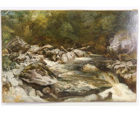 R Haddon, oil on canvas, rapids on the Conway, old label on stretcher, 18" x 27", unframed Re-lined, good clean condition, no