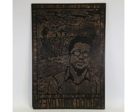 An original hand carved 1950/60s woodblock for Bo Diddley's song "Who Do You Love" 1956, 33" x 23", together with the associa