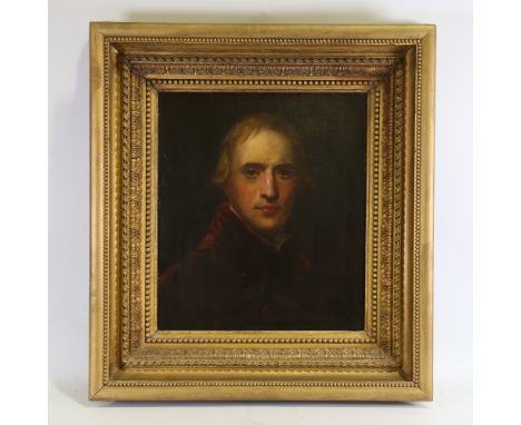 English School, oil on canvas circa 1790, portrait of a man in a red coat, unsigned, 22" x 18", elaborate gilt-gesso frameRe-