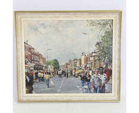 John Godden, oil on board, waiting for the cup winners, Tottenham, signed with artist's label verso, 16.5" x 19.5", framedGoo