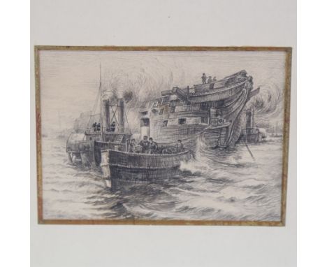 Ink sketch, old boats, unsigned, 4" x 5.5", framedSlight paper discolouration 