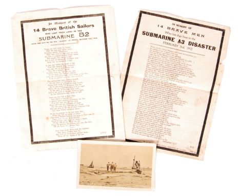 A collection of early pre-WWI First World War Naval Submarine accident memorial poems and postcard. Comprising of a black lin