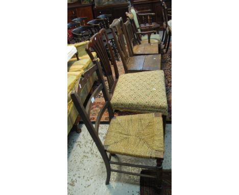 Group of six dining and kitchen chairs to include: camel back; stick back; ladder back with rush seat etc. (6)
