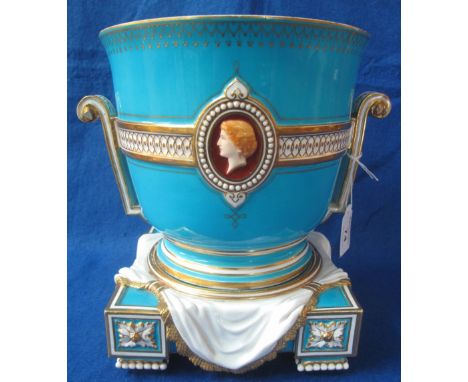 19th Century Minton porcelain two-handled jardiniere with gilded decoration and relief female portrait panels, on a separate 