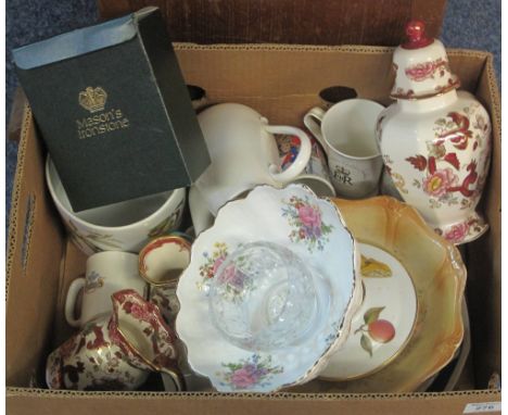 Box of assorted china to include: Queen's fine bone china pedestal bowl, various floral plates, Mason's 'Mandalay' red lidded