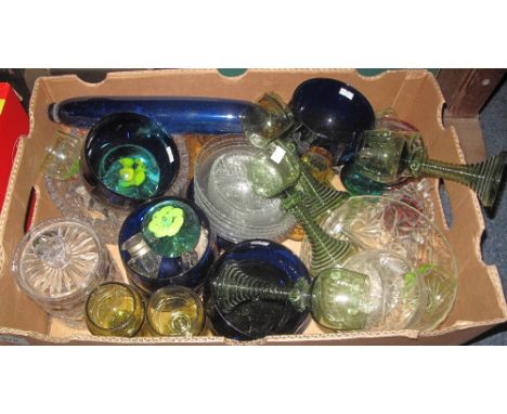 Tray of assorted glassware to include: Bristol blue rolling pin; green glass drinking vessels; lidded cut glass biscuit barre