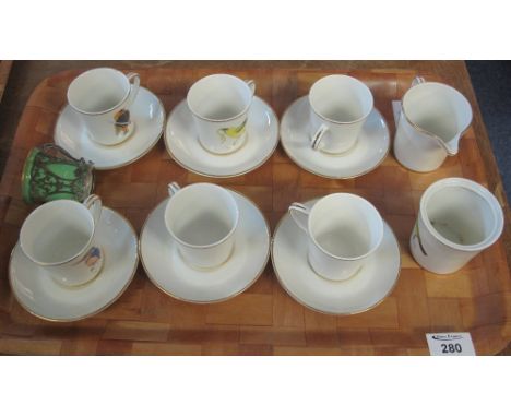 Rowland Ward coffee set decorated with exotic birds comprising set of six cups and saucers, milk jug and sucrier.