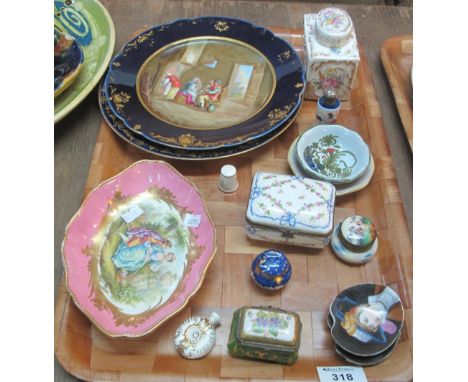 Tray of mainly Continental porcelain items to include: Dresden floral tea caddy; pair of figural wall plates; pill boxes etc.