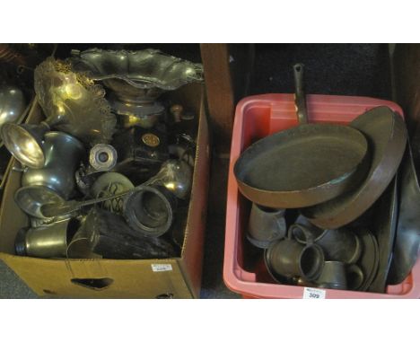 Two boxes of assorted metalware to include: various pewter tankards; vintage copper pans; pedestal pierced bowls; silver plat