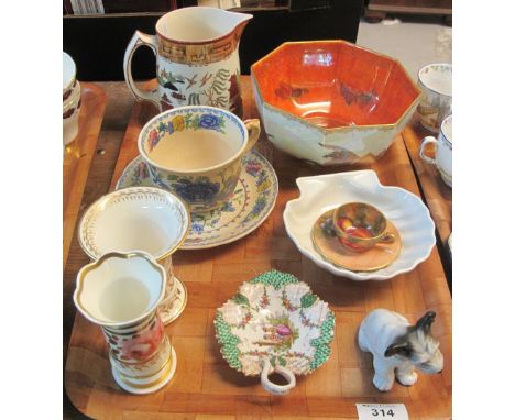 Tray of assorted items to include: English porcelain hand painted floral design vases; Mason's 'Regency' breakfast cup and sa