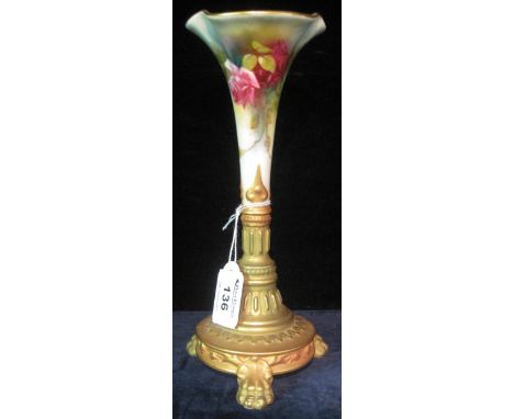 Royal Worcester porcelain 'Hadley' style, trumpet shaped vase on a Classically moulded, gilded, pedestal base with three paw 