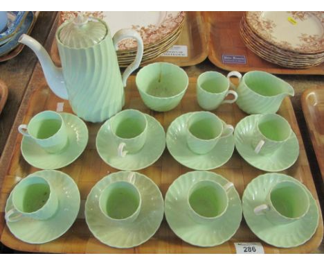 Green Minton fluted coffee set comprising: coffee pot; cups and saucers; milk jug and sucrier.