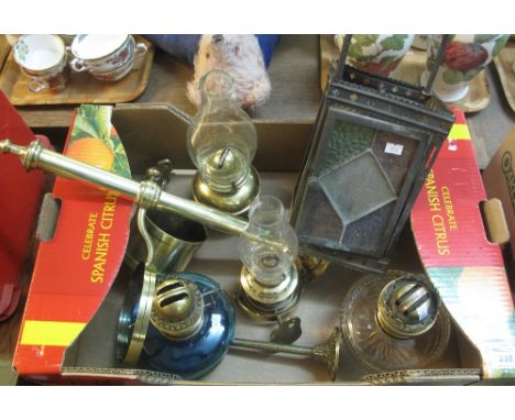Tray of assorted single and double glass and brass oil burners with brass wall brackets together with an Edwardian stained gl