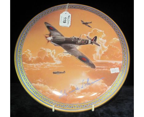 Royal Worcester bone china plaque, a limited edition entitled: 'Johnnie Johnson' after Michael Johnson, depicting Spitfires. 
