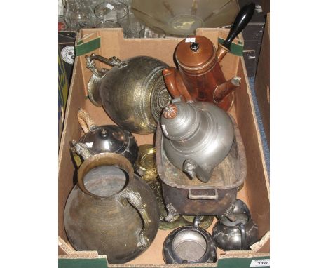 Tray of assorted metalware to include: two brass benares; baluster urns or jugs; vintage copper water or coffee pot; pewter b
