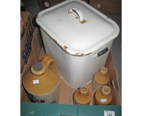 Vintage enamel bread bin together with stoneware ginger beer bottles marked: Buckley's Brewery and W. Finch, Bottler, Carmart