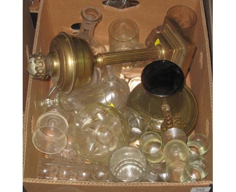 Box of assorted glassware to include: decanter; drinking vessels; Art Glass vase etc. together with a brass single oil burner