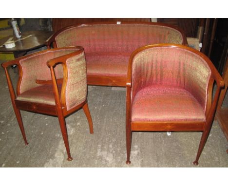 Edwardian mahogany inlaid parlour suite comprising two seater sofa and a pair of armchairs. (3)