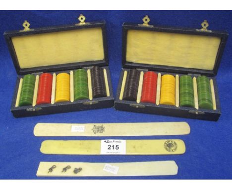 Two boxes of Jacques coloured playing counters, various, together with three bone page turners, one marked: Kynoch Ltd. (5)
