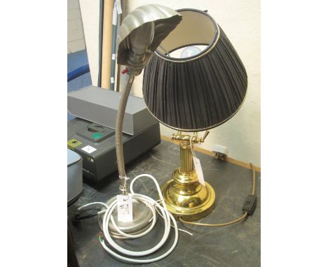 Modern brass reading lamp with fabric shade, together with a vintage white metal reading lamp with shell shaped shade. (2)