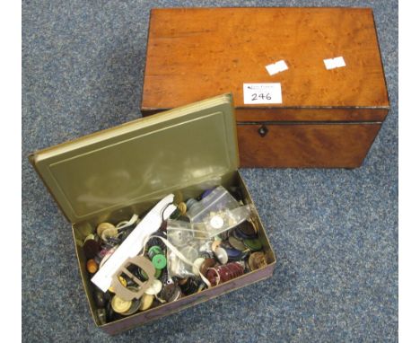 19th Century satinwood tea caddy of plain form, on ball feet, containing various reels of cotton, together with a Louis Sherr