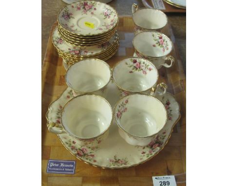 Tray of Royal Albert bone china 'Cottage Garden' teaware comprising: cups and saucers; side plates and a sandwich plate.
