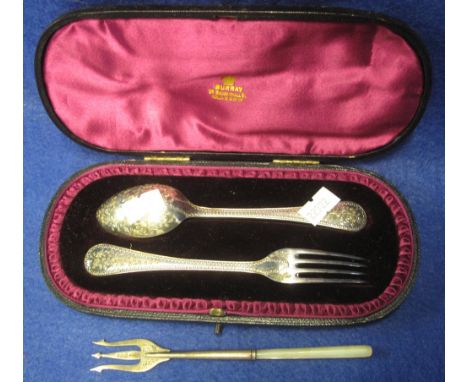 Cased silver bright cut and beaded Christening set, together with a mother-of-pearl handled pickle fork.