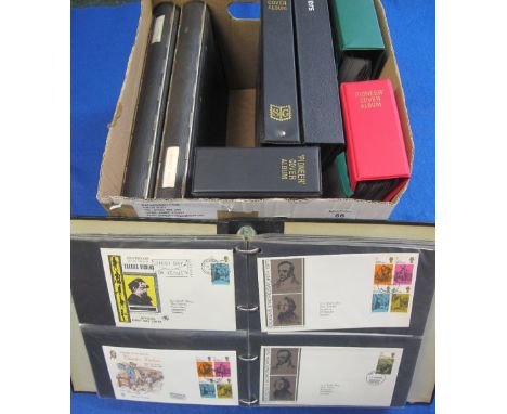 Box with selection of stamps and First Day Covers in various albums, including Great Britain, Channel Islands, Denmark and Ma