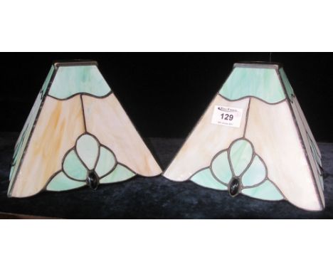 Pair of Art Deco design leaded, coloured glass triangular section light shades.