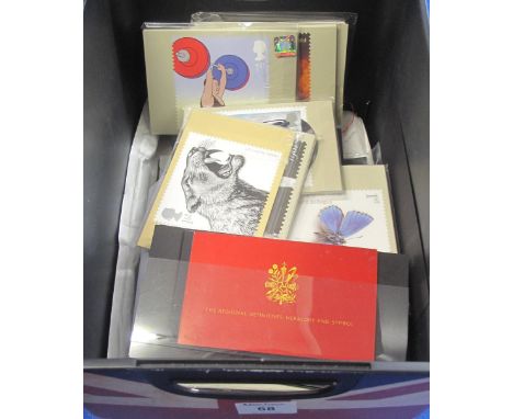 Box with mixed selection of stamps in stockbook, First Day Covers, Prestige Booklets, coin covers etc.  Mostly Great Britain.