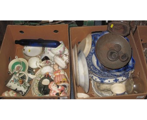 Two boxes of assorted china and other items to include: part floral teaware; blue and white plates and tureen; Bristol blue g