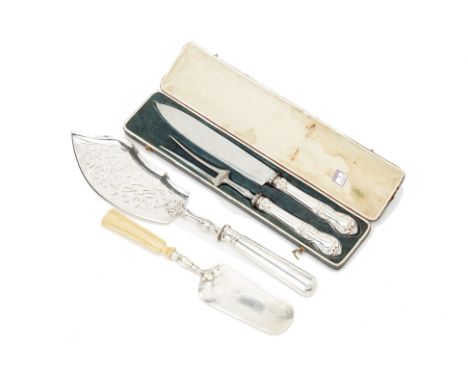 A GROUP OF SILVER AND SILVER PLATED SERVING UTENSILS
Late 19th Century-early 20th Century 
Comprising: a bone handled and sil