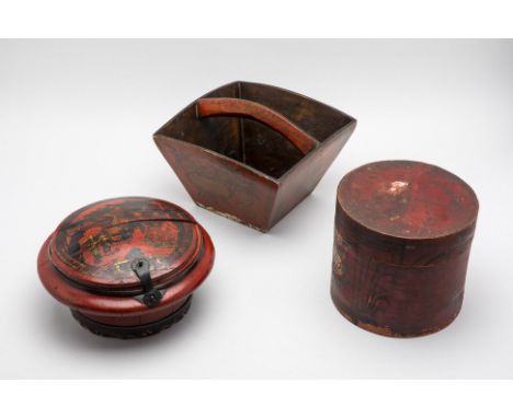 THREE CHINESE RED LACQUERED BOXES/CONTAINERS
Of varying shapes and sizes, decorated with court scenes, flowers and vases
Larg