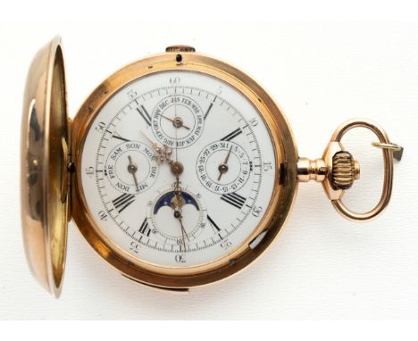 GOLDENE SAVONNETTE TASCHENUHR Schweiz, Viertelrepetition auf Glocken, Chronograph, dreifache Datumsanzeige, Mondphasen, russi