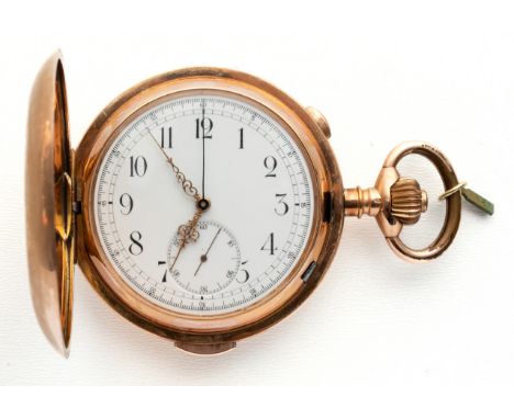 GOLDENE TEMPORA SAVONNETTE TASCHENUHR Schweiz, Tempora, Viertelrepetition auf Glocken, Chronograph, 0.585 Gold Stempel, Nr. 4