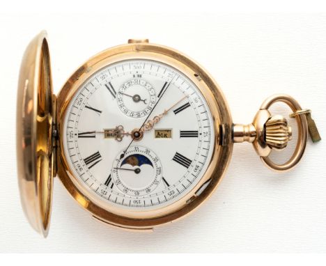 GOLDENE SAVONNETTE TASCHENUHR FÜR DEN RUSSISCHEN MARKT Schweiz, Minutenrepetition auf Glocken, Chronograph, Monatsanzeigen, M