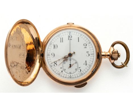 GOLDENE SAVONNETTE TASCHENUHR Schweiz, Viertelrepetition auf Glocken, Chronograph, 0.585 Gold Stempel, Nr. 5605, Uhr läuft, u