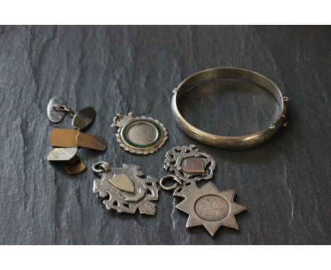Mixed silver fobs, bangle & cufflinks