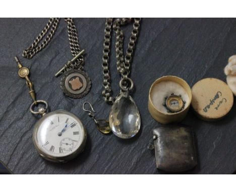Silver pocket watch, 2 vintage pocket watch chains, silver vesta and silver compass fob