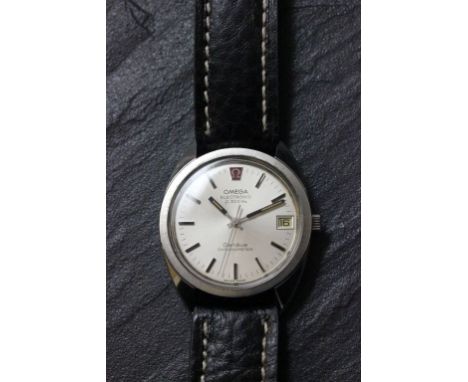 Gents stainless steel Omega Electronic Geneve Chronometer watch with sweep second hand, date box, and new leather strap