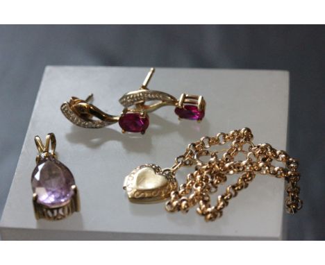 Mixed gold jewellery including amethyst pendant, ruby earrings and bracelet 
