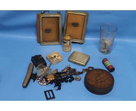 A BOX OF COLLECTABLES TO INCLUDE PICTURE FRAMES, CUFFLINKS, A WHITE METAL CIGARETTE CASE, COINS ETC.