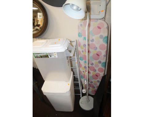 A QUANTITY OF SUNDRIES TO INCLUDE IKEA EXAMPLES, IRONING BOARD, SHOE RACK, LAMP ETC.