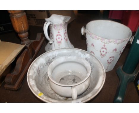 A CERAMIC JUG AND BOWL SET, BUCKET ETC.