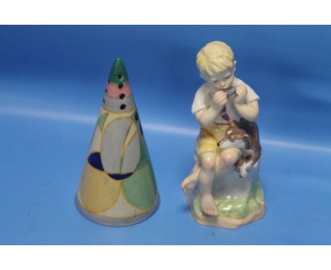 A ROYAL WORCESTER FIGURE 'JUNE' 3456 TOGETHER WITH A 'ROYAL STAFFORDSHIRE POTTERY BY CLARICE CLIFF' SUGAR SIFTER