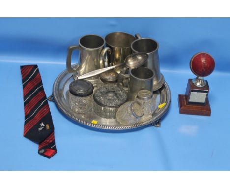 A QUANTITY OF ASSORTED WHITE METAL ITEMS TOGETHER WITH A CRICKET TROPHY, TIE ETC.