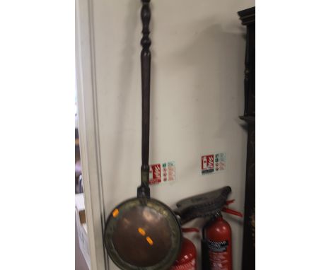 A COPPER WARMING PAN, A PAIR OF BELLOWS AND A STOOL