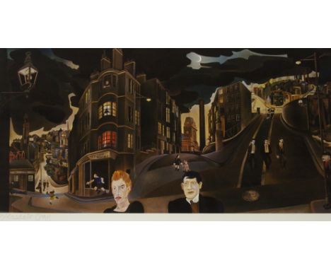 •ALISDAIR GRAY (Scottish b. 1934) COWCADDENS AT NIGHT Artist's proof print in colours, signed, 35.5 x 70cm 14 x 27 1/2")